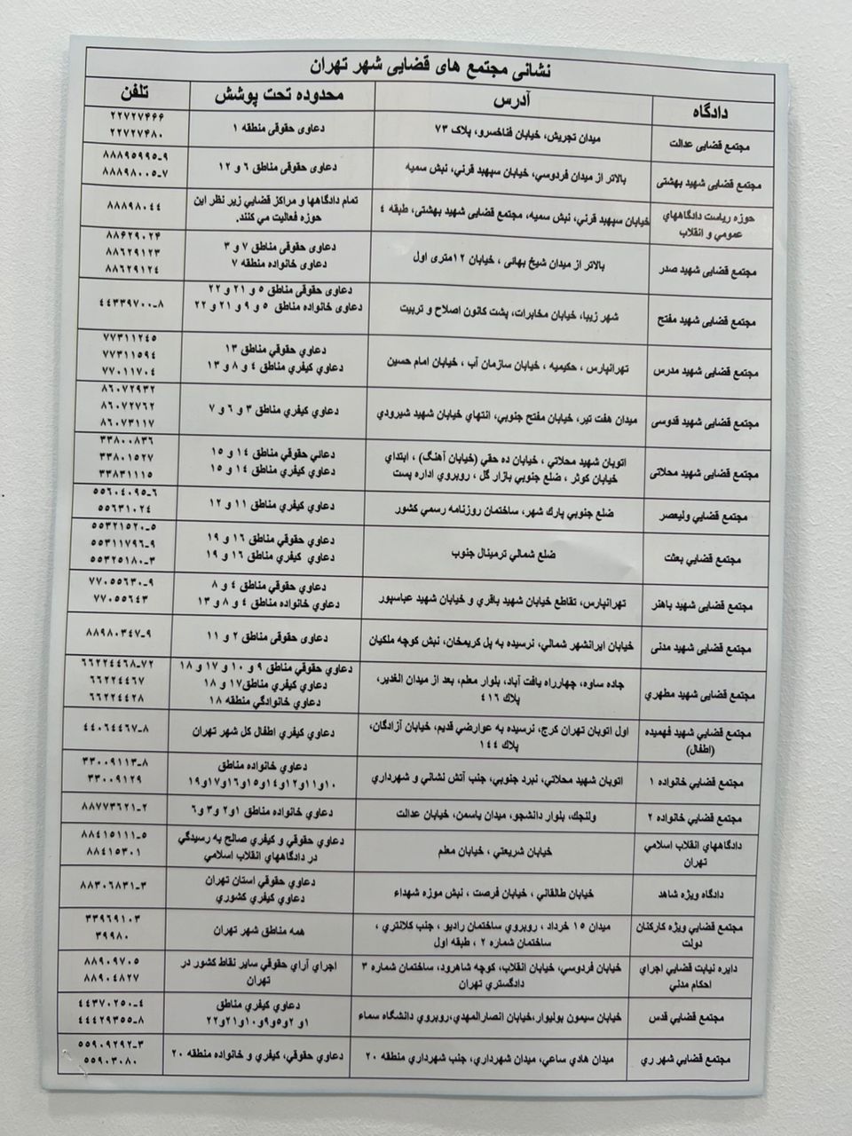 لیست مجتمع قضایی تهران تلفن و آدرس